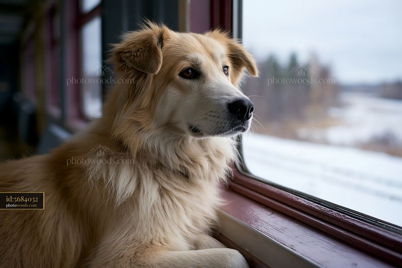 Long-haired dog looking through a window at a snowy landscape