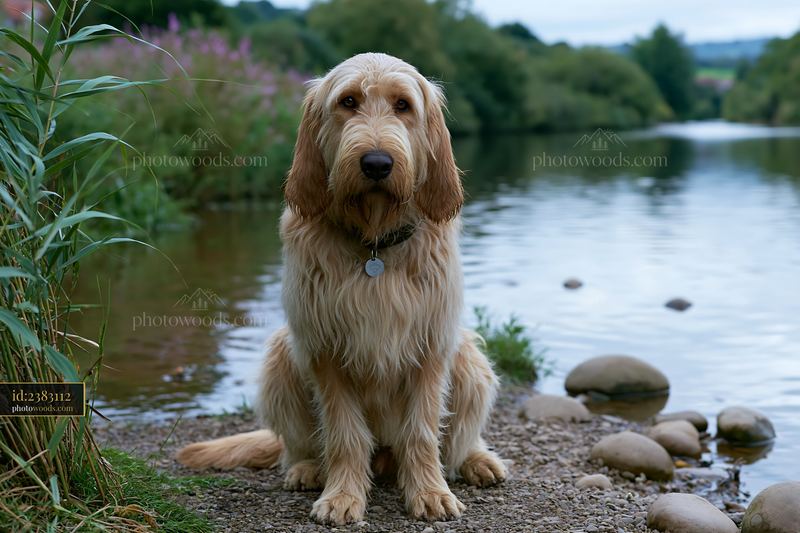 Long-haired dog sitting beside a tranquil river