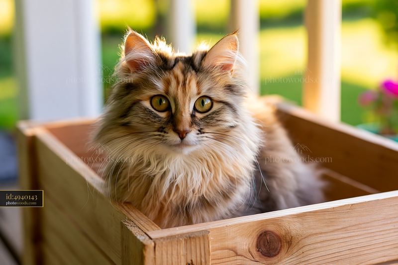 Long-haired tabby cat sitting in a wooden planter box