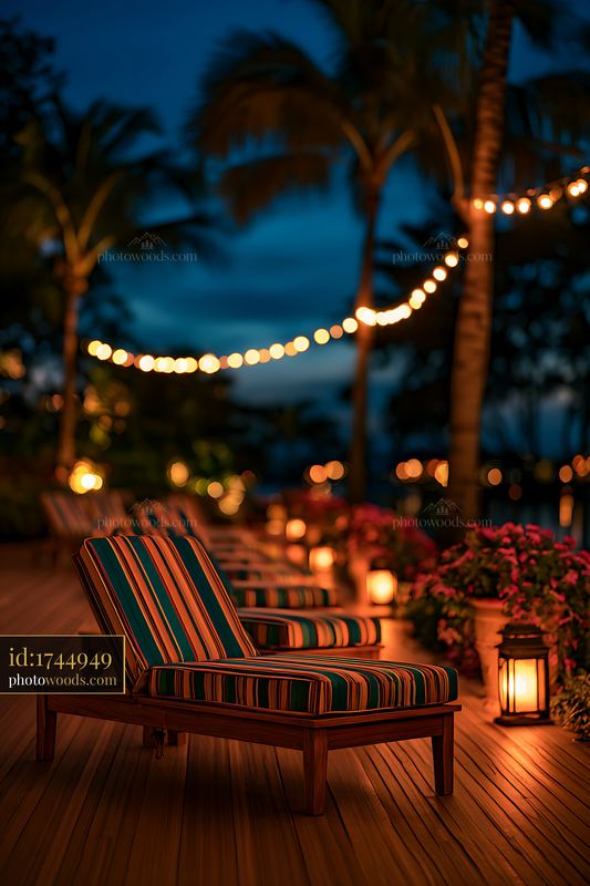 Evening lounge chairs by the pool with lights in the background