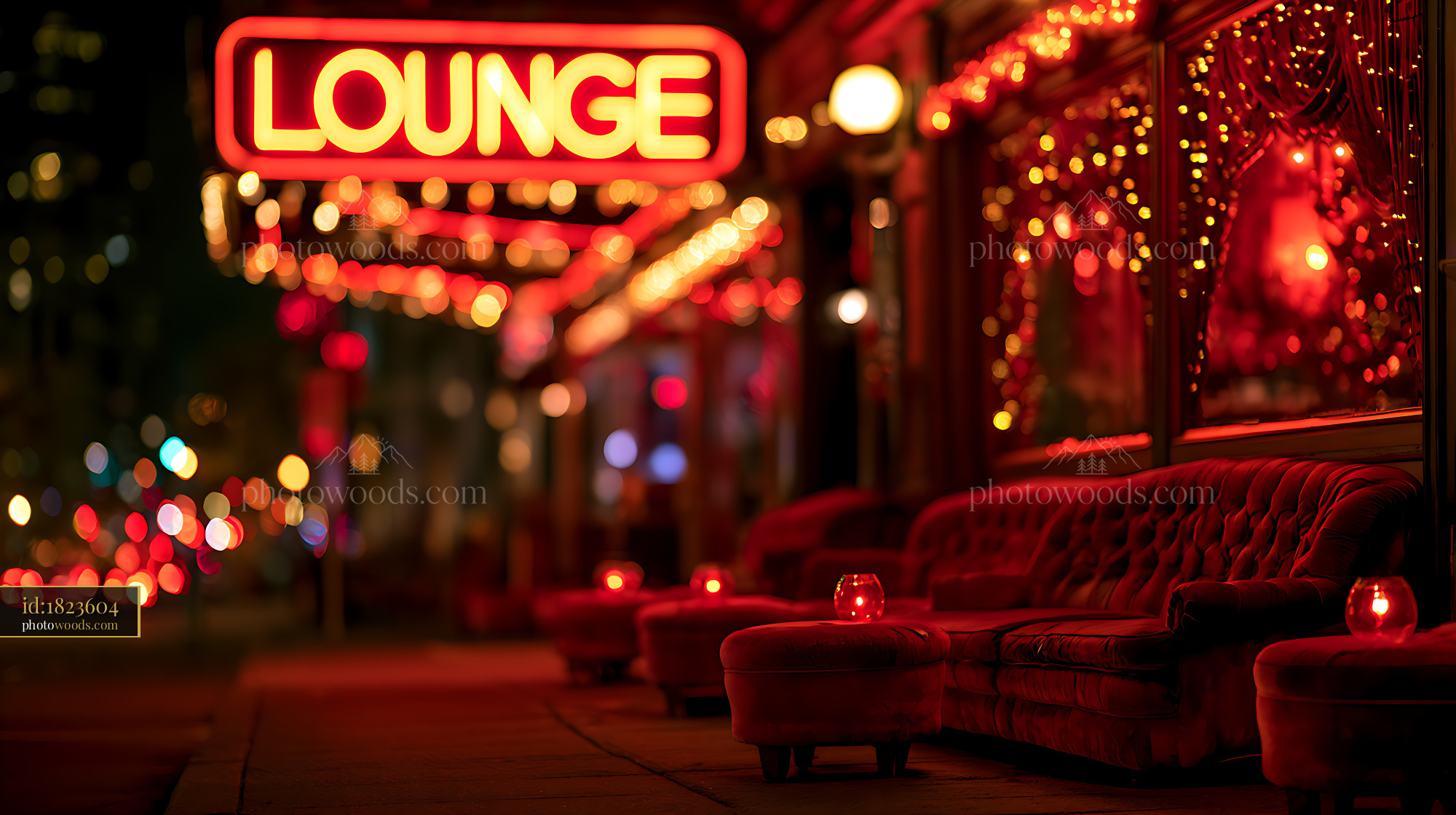 Lounge Sign Glowing in Red With Vintage Decor and Dim Lighting