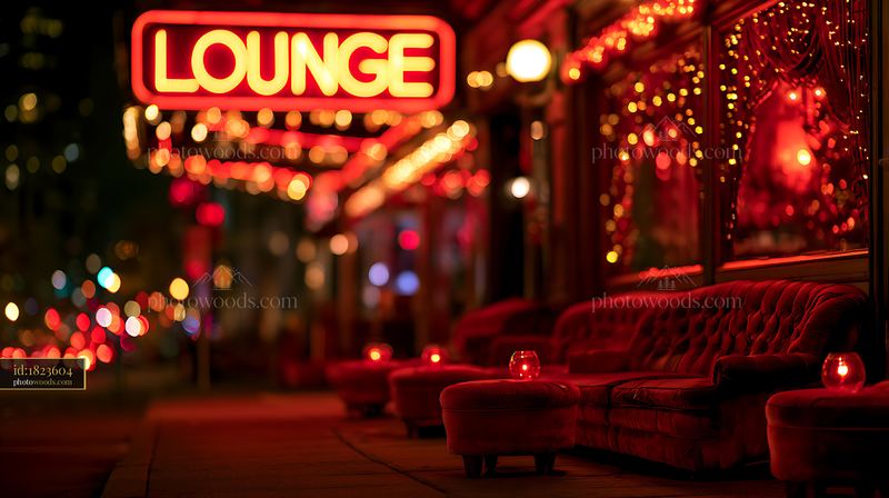 Lounge Sign Glowing in Red With Vintage Decor and Dim Lighting