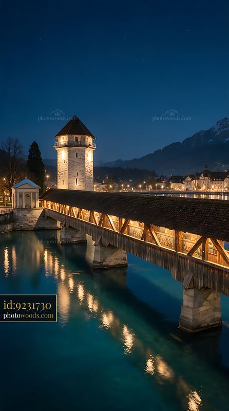 Lucerne Chapel Bridge illuminated at blue hour