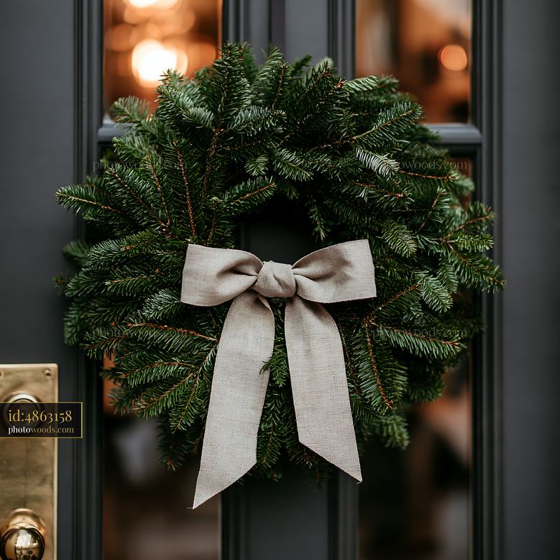 Christmas wreath with bow on a dark apartment door