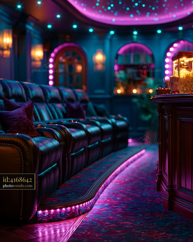 Luxury Basement Cinema With Purple Illuminated Decor