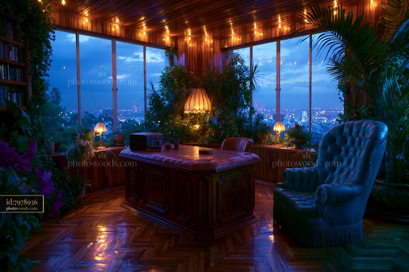Luxury Home Office With Leather Desk and City View at Dusk