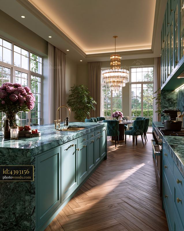 Luxury Kitchen With Green Marble Counter and Elegant Chandelier