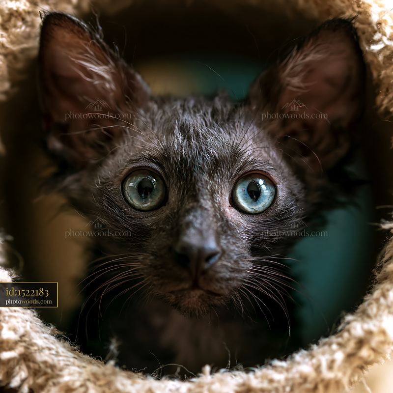 Close-up portrait of a Lykoi cat with striking blue eyes