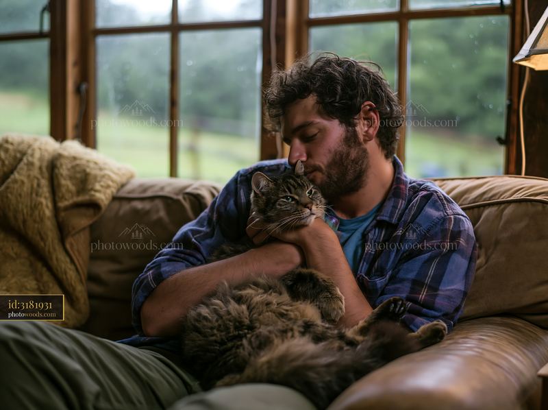 Man kissing cat while relaxing on a sofa at home