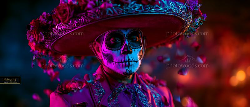Man With Bold Black and White Sugar Skull Makeup Surrounded by Petals