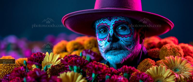 Man With Calavera Face Paint Surrounded by Colorful Flowers
