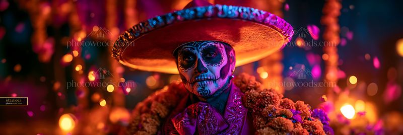 Man With Sugar Skull Makeup and Sombrero at Night Festival