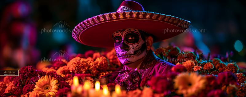 Man With Sugar Skull Makeup Surrounded by Flowers at Celebration