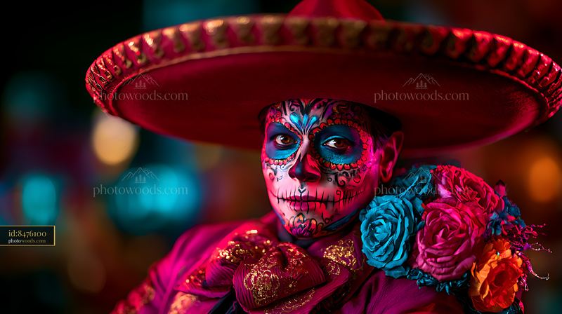 Man With Symmetrical Calavera Face Paint in Colorful Attire