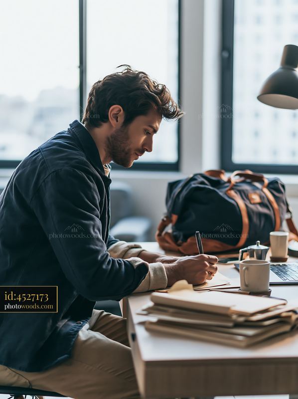 Man writing at a desk beside a laptop and travel bag