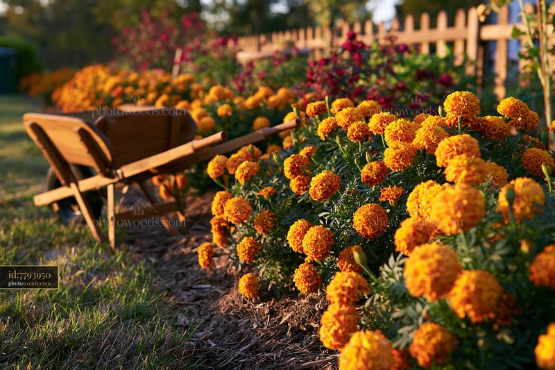 Bright marigold flower bed with wheelbarrow in a garden