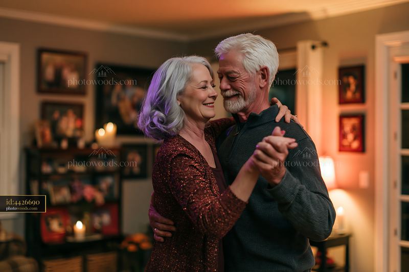 Mature couple dancing together in a warmly lit living room