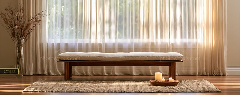 Meditation Bench Beside a Window With Sheer Curtains