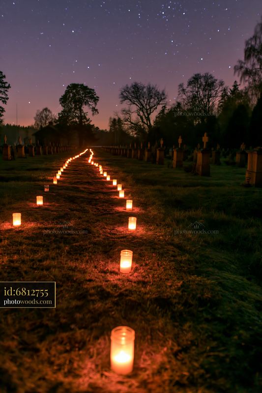 Memorial candles line military graves under a starry sky