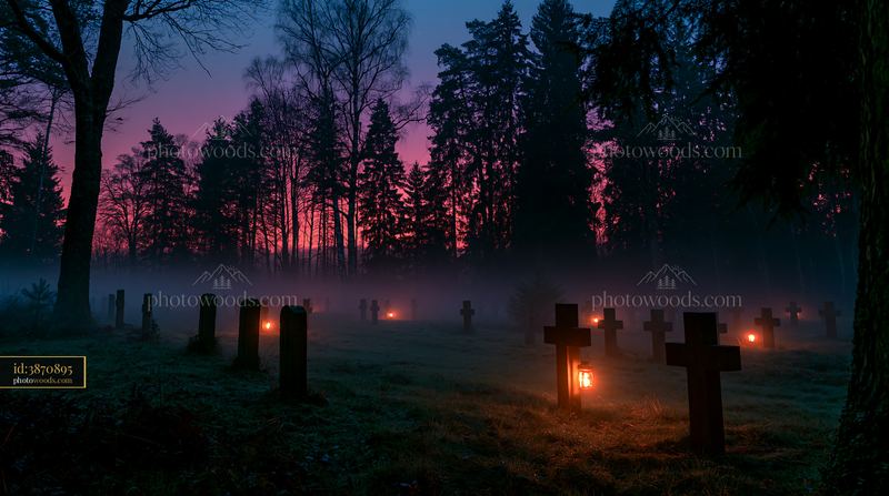 Military graves beside a forest at night with lanterns