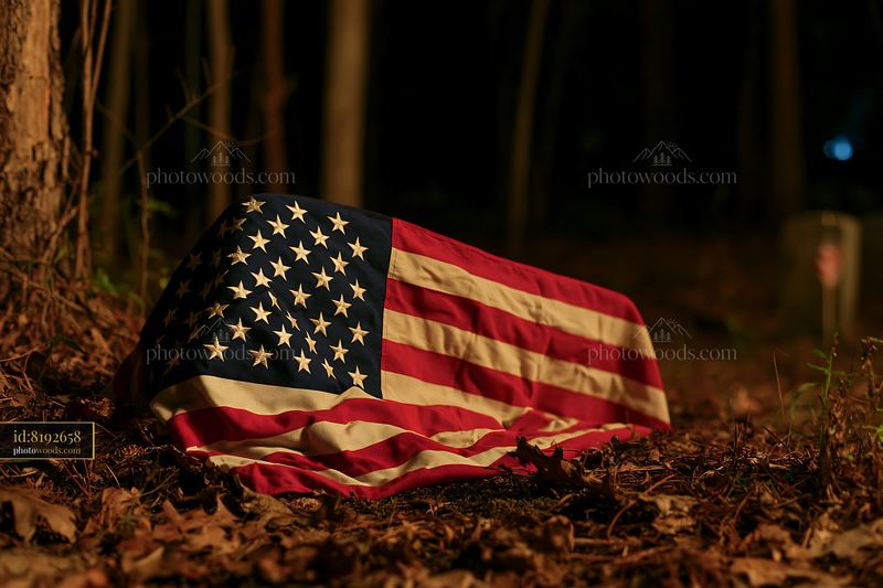 Military graves beside a forest at night with fallen leaves