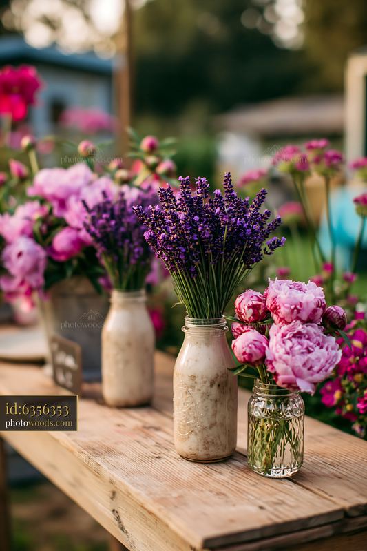 Milk bottles and flowers displayed on a market table