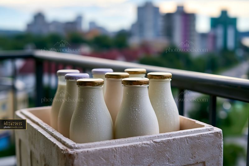 Milk bottles in an insulated delivery box on a balcony