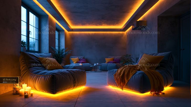 Minimalist Concrete Basement Cinema With Warm Lighting in Evening