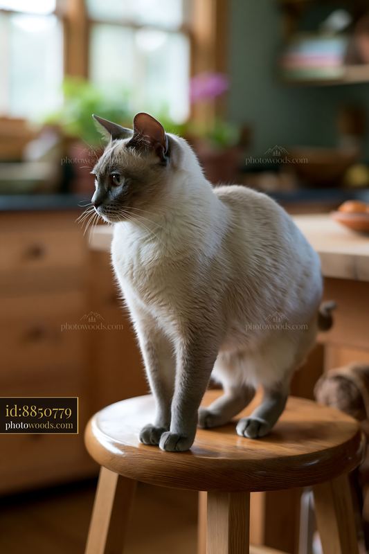Minskin cat sitting on a wooden stool in a warmly lit indoor room.