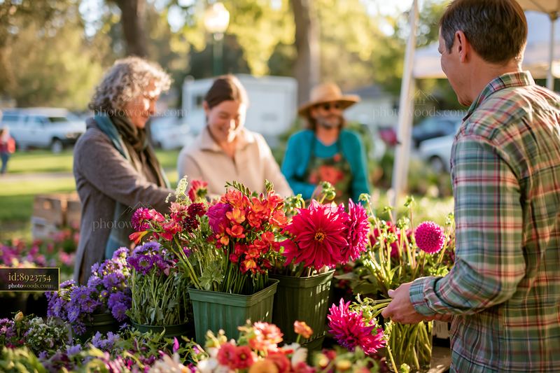 Mixed seasonal flowers brightening farmers market scene