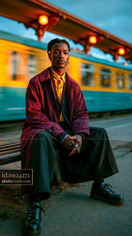 Model in Longline Coat at Train Station During Sunset