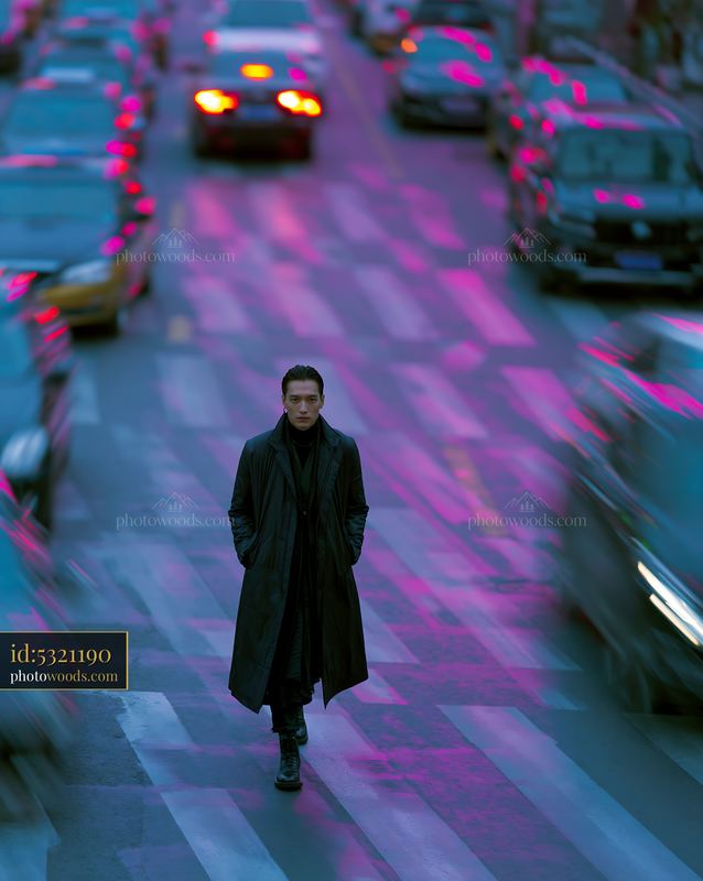 Model Walking in Urban Street During Evening Traffic