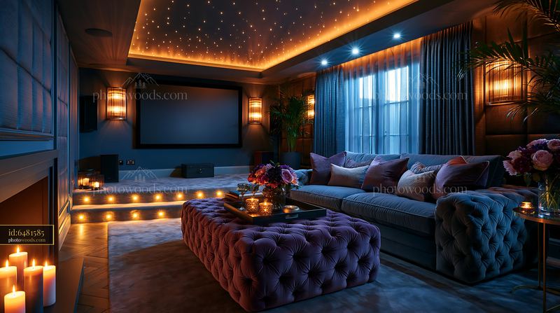 Modern Basement Cinema With Cozy Seating and Ambient Lighting