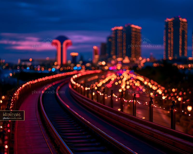 Monorail Track Curving Through a City at Night