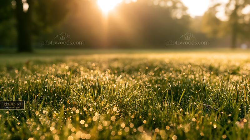 Morning dew on meadow grass illuminated by warm sunlight