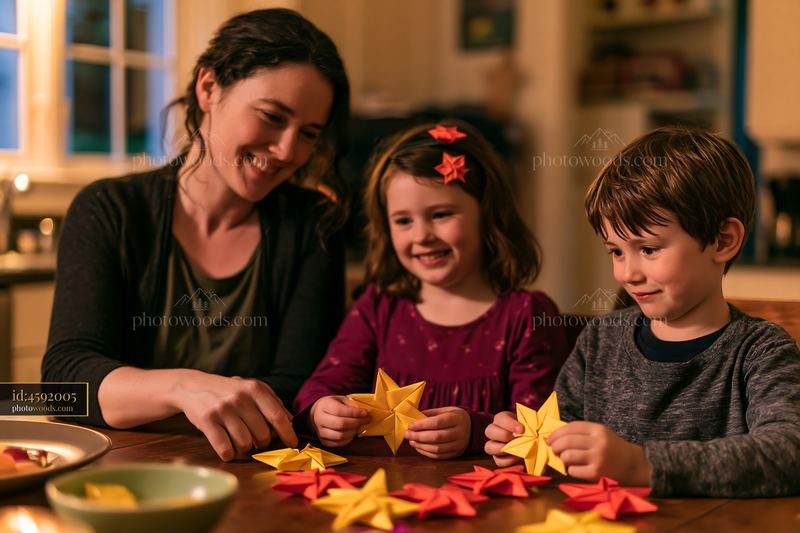Parent and children making colorful paper stars at home