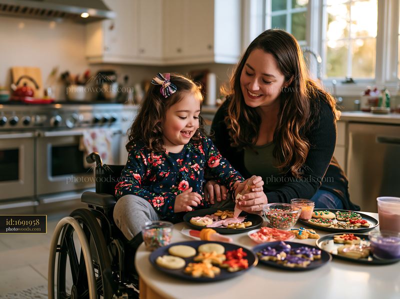 Mother and daughter decorating cookies together in a kitchen