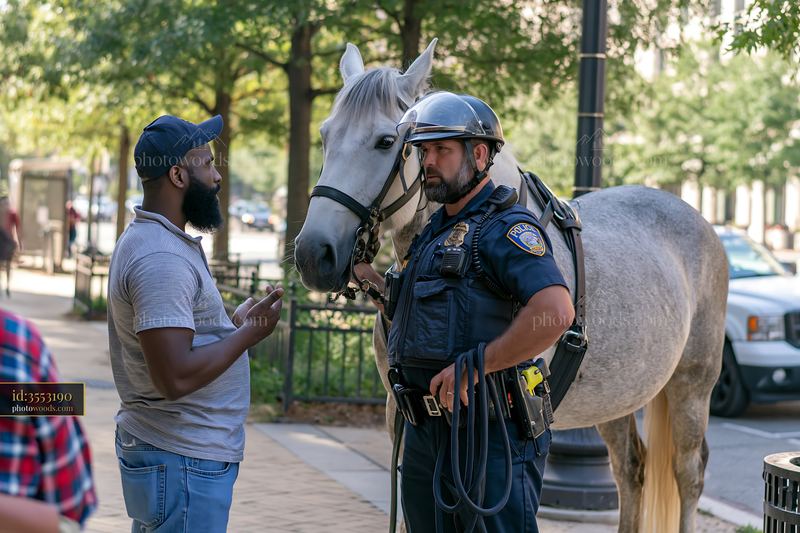 Mounted police officer speaking with a pedestrian beside a horse