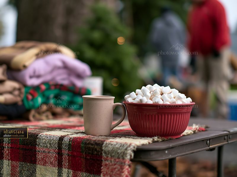Cocoa and Marshmallows on a Picnic Table Near a Tree