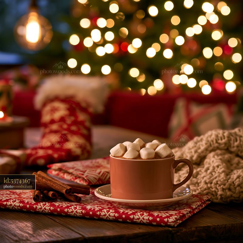 Hot cocoa with marshmallows beside a decorated Christmas tree