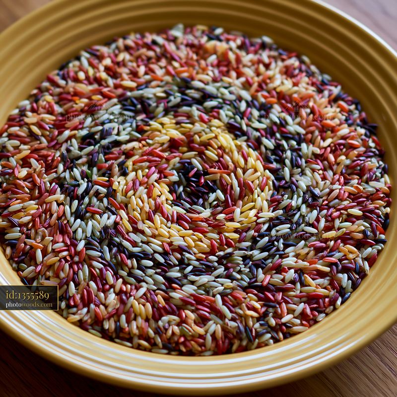 Multicolor rice grains forming swirl in a decorative bowl