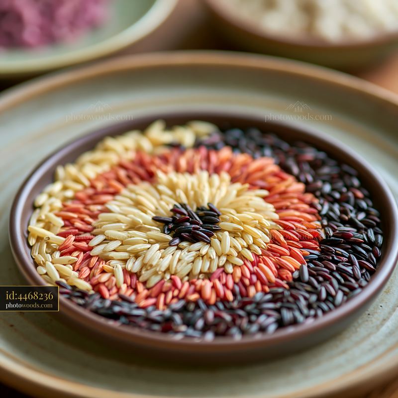 Multicolor rice grains forming swirl on a dish