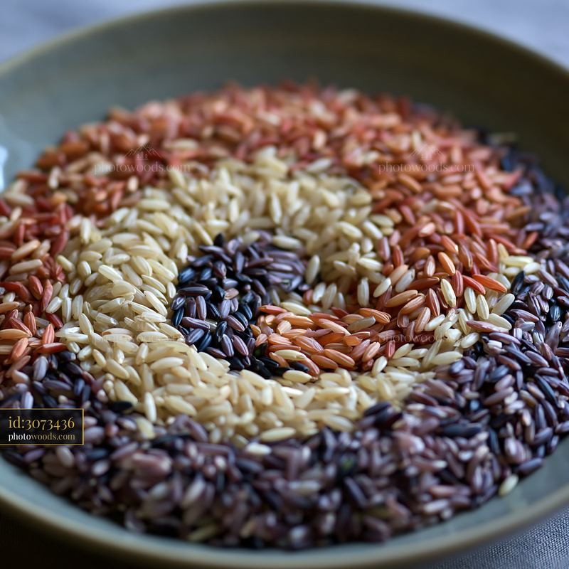 Multicolor rice grains create a swirling pattern in a bowl
