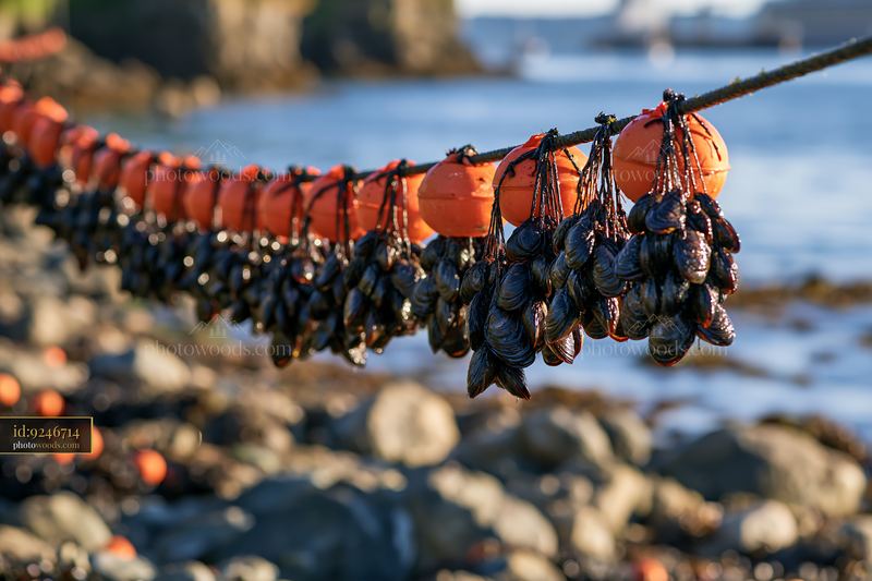 Coastline with mussel farms and hanging mussel bags