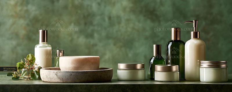 Natural skincare products arranged on a dark surface