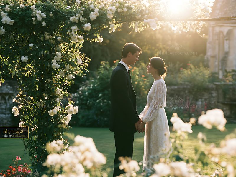 Newlywed couple holding hands in a sunlit church garden