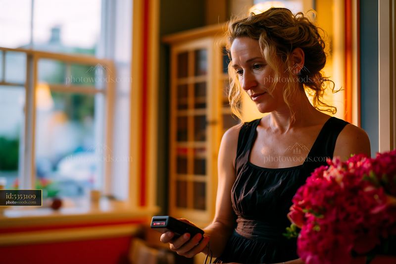 Nurse Using Mobile Care Device Indoors With Flowers Nearby