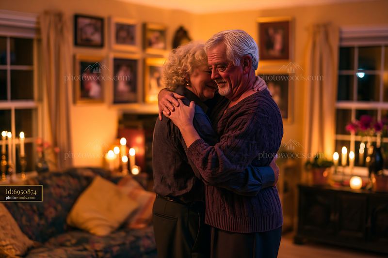 Older couple embracing during a dance in a warmly lit living room