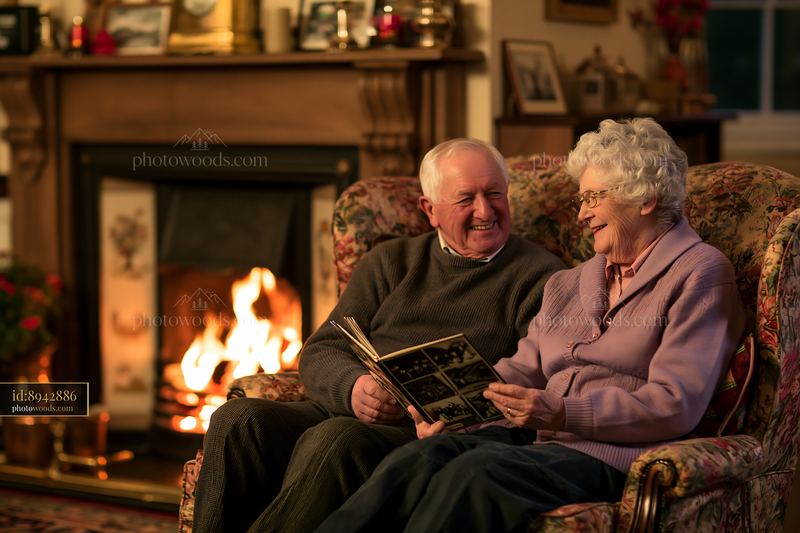 Older spouses reading together in matching armchairs by a fireplace
