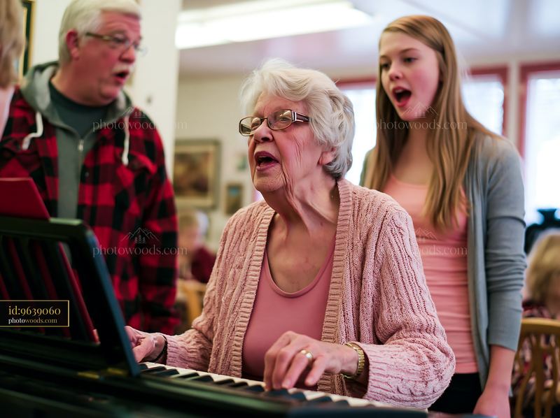 Family singing together while an older woman plays piano